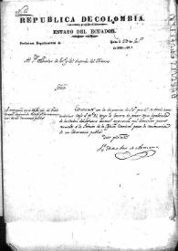 Portada:Petición del Prefecto de Azuay al Ministro de Interior sobre las Disposiciones del Gobierno para la construcción de un cementerio público con cargo a la  fábrica de la Iglesia Catedral de Quito  (Quito, 23 de enero de 1832). Se acompaña de copia de la orden dada para su realización por el Ejecutivo a 22 de diciembre de 1827