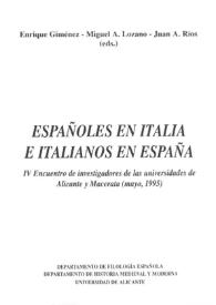 Portada:Españoles en Italia e italianos en España / IV Encuentro de investigadores de las universidades de Alicante y Macerata (mayo, 1995); Enrique Giménez, Miguel A. Lozano, Juan A. Ríos (eds.)