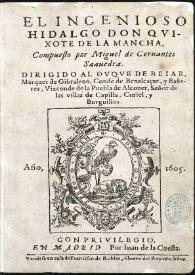 Portada:El ingenioso hidalgo Don Quixote de la Mancha [1605] / compuesto por Miguel de Ceruantes Saauedra ...
