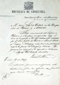 Portada:[Carta de José Antonio Páez al Sr. Secretario del Estado, en los Despachos de Guerra y Marina, 13 de enero de 1847]