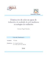 Portada:Eliminación de color en aguas de industrias de acabado de piel mediante tecnologías de oxidación / Cristina Yagüe Sánchez