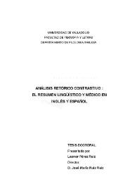Portada:Análisis retórico contrastivo : el resumen lingüístico y médico en inglés y español / Leonor Pérez Ruiz