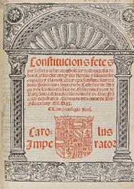 Portada:Constitucions fetes per la sacra ... y real magestat de don Carles ... y d' la molt alta ... dona Joan[n]a ... En la primera cort de Barcelona ... 1520