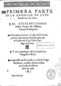 Portada:Primera parte de la Angélica / con aduertimientos a los fines de los cantos, y breues summarios a los principios por ... Pedro Verdugo de Sarria