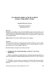 Portada:La educación clásica y el fin de la cultura europea: Mann, Eliot y Borges / Francisco García Jurado