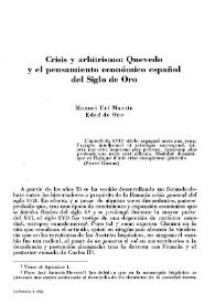 Portada:Crisis y arbitrismos: Quevedo y el pensamiento económico español del Siglo de Oro / Manuel Urí Martín