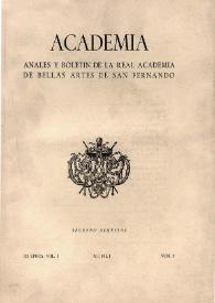 Portada:Academia : Boletín de la Real Academia de Bellas Artes de San Fernando. Segundo semestre de 1951. Número 2. Preliminares e índice