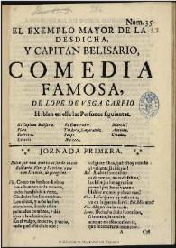 Portada:El exemplo mayor de la desdicha y capitan Belisario : comedia famosa / de Lope de Vega Carpio