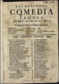 Portada:Las amazonas : comedia famosa [entre 1701 y 1850] / de don Antonio de Solis