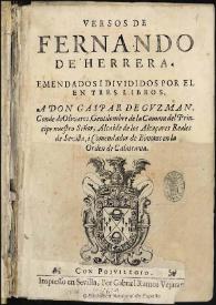 Portada:Versos de Fernando de Herrera ; emendados y divididos por él en tres libros