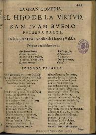 Portada:Hijo de la virtud, San Iuan Bueno : primera parte / del capitan don Francisco de Llanos Valdès