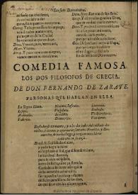 Portada:Los dos filosofos de Grecia [1663] / de don Fernando de Zarate