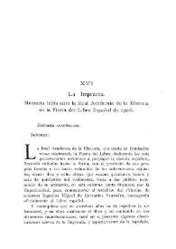Portada:La Imprenta : memoria leída ante la Real Academia de la Historia en la Fiesta del Libro Español de 1926 / Vicente Castañeda