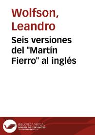 Portada:Seis versiones del \"Martín Fierro\" al inglés