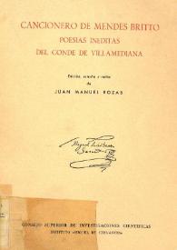 Portada:Cancionero de Mendes Britto : poesías inéditas del conde de Villamediana / estudio, edición y notas de Juan Manuel Rozas