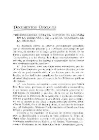 Portada:Documentos oficiales. Instrucciones para el servicio de lectura en la Biblioteca de la Real Academia de la Historia / Vicente Castañeda