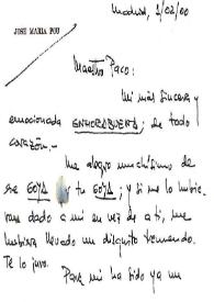 Portada:Postal de José María Pou a Francisco Rabal. Madrid, 1 de febrero de 2000