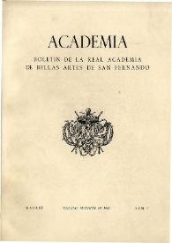 Portada:Academia : Boletín de la Real Academia de Bellas Artes de San Fernando. Segundo semestre 1958. Número 7. Preliminares e índice