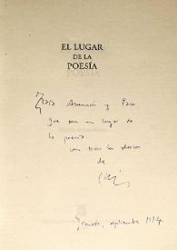 Portada:Dedicatoria de Luis Muñoz en un ejemplar del libro colectivo \"El lugar de la poesía\" / Luis Muñoz