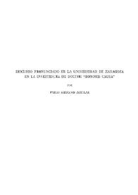 Portada:Discurso pronunciado en la Universidad de Zaragoza en la investidura de Doctor \"Honoris Causa\" / por Pablo Serrano Aguilar
