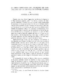 Portada:La obra literaria del Marqués de Santillana en la crítica de Rafael Lapesa / por Manuel Cortés Muñoz