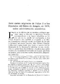 Portada:Siete cartas originales de Felipe II a los Diputados del Reino de Aragón, en 1579, sobre administración económica / Eduardo Ibarra y Rodríguez