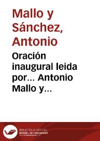 Portada:Oración inaugural leida por... Antonio Mallo y Sánchez... en el acto solemne de la apertura del curso de 1865 á 1866 en la Universidad de Granada