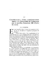 Portada:Constituciones y Bulas complementarias dadas a la Universidad de Salamanca por el pontífice Benedicto XIII (Pedro de Luna) / Julio Puyol
