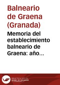 Portada:Memoria del establecimiento balneario de Graena : año de 1895 / el Médico-Director Domingo F. Campa.