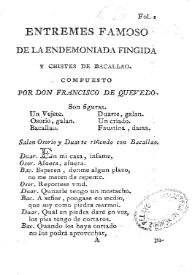 Portada:Entremes famoso de la endemoniada fingida y chistes de bacallao / compuesto por Don Francisco de Quevedo