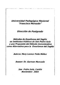 Portada:Métodos de enseñanza del inglés en institutos públicos de San Pedro Sula y una propuesta del método comunicativo como alternativa para la enseñanza del inglés