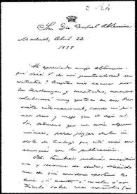 Portada:Carta de Emilia Pardo Bazán a Rafael Altamira. Madrid, 22 de abril de 1898