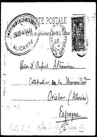 Portada:Tarjeta postal de S. a Rafael Altamira. Clermont-Ferrand, 23 de noviembre de 1900