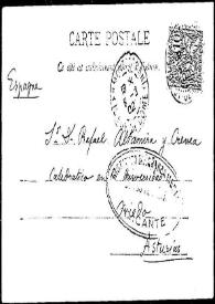 Portada:Tarjeta postal de Georges Desdevises du Dezert a Rafael Altamira. 8 de marzo de 1902