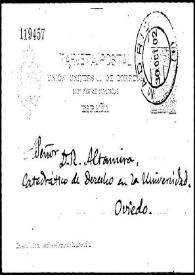 Portada:Tarjeta postal de G. a Rafael Altamira. [Madrid], 29 de octubre de 1902