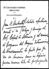 Portada:Tarjeta de Juan B. Ambrosetti a Rafael Altamira. Buenos Aires, 25 de septiembre de 1909