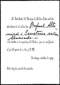 Portada:Tarjeta de invitación del presidente del Consejo de Bellas Artes a Rafael Altamira. Santiago, octubre de 1909