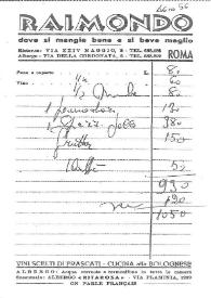 Portada:Factura del \"Restaurante Raimondo\", en Roma, agosto 1956