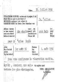 Portada:Notificación con las fechas de entrada y salida del \"Hotel Albergo Ambasciatori\", en Milán, confirmando la reserva, 16 de julio 1956