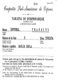 Portada:Tarjeta de desembarque de la Compañía \"Sud-Americana de Vapores\" de Carlos Esplá, año 1940