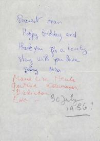 Portada:Carta dirigida a Aniela Rubinstein. Londres (Inglaterra), 30-07-1956
