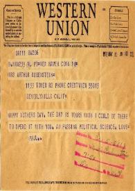 Portada:Telegrama dirigido a Aniela Rubinstein. New Haven, Connecticut (Estados Unidos), 10-05-1952