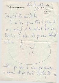 Portada:Carta dirigida a Aniela y Arthur Rubinstein. Llanrwst, 24-08-1971