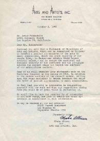 Portada:Carta dirigida a Arthur Rubinstein. Beverly Hills, California (Estados Unidos), 01-10-1947