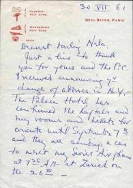 Portada:Carta dirigida a Aniela Rubinstein. Clayton (Nueva York), 30-07-1961