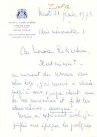 Portada:Carta dirigida a Arthur Rubinstein. París (Francia), 27-02-1973