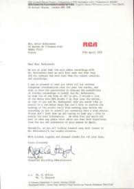 Portada:Carta dirigida a Aniela Rubinstein. Londres (Inglaterra), 27-04-1976