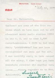 Portada:Carta dirigida a Arthur Rubinstein. Nueva York, 16-07-1975