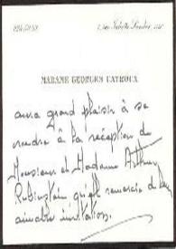 Portada:Tarjeta de visita dirigida a Aniela y Arthur Rubinstein. París (Francia), 15-06-1972