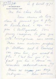 Portada:Carta dirigida a Aniela Rubinstein.  SaintTropez, 09-04-1970
